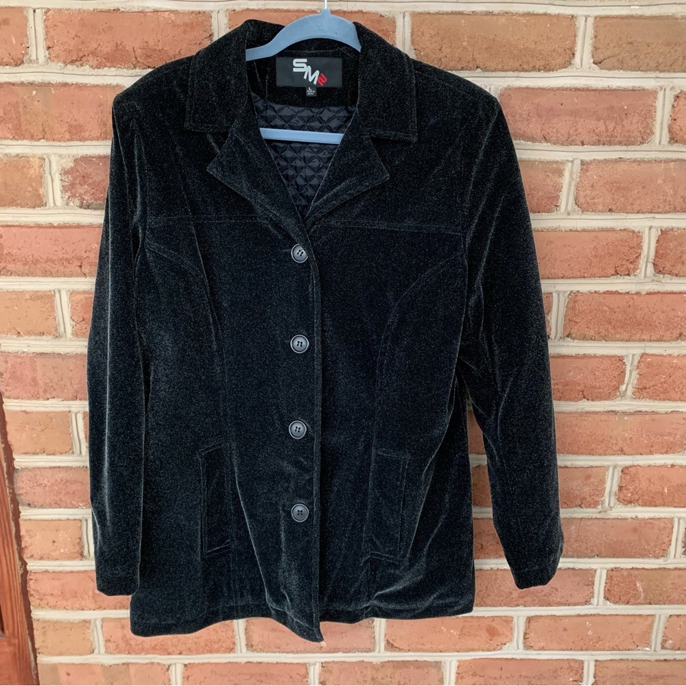 Warm black coat with silver throughout. Size large